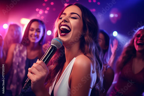Enthusiastic singer enjoying karaoke with friends in a festive nighttime setting. © EricMiguel