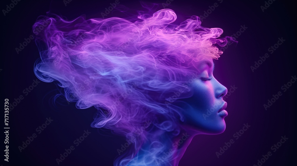 Woman with purple and blue smoke around her head on dark background