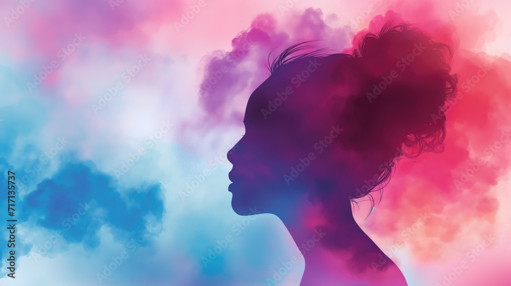 Silhouette of a woman with hair as clouds in pink and blue hues