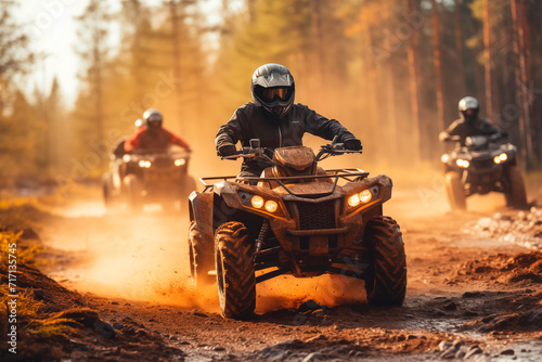 Adventurers on ATVs riding down a dusty forest trail, enjoying the thrill and speed
