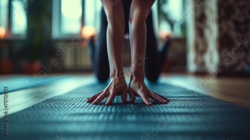 A yoga mat with someone practicing a pose, their hands and feet. Close-up of a yoga practitioner’s hands and feet in the Uttanasana pose, commonly known as the standing forward bend, on a yoga mat. 