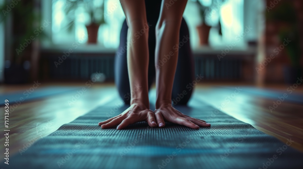A yoga mat with someone practicing a pose, their hands and feet. Close-up of a yoga practitioner’s hands and feet in the Uttanasana pose, commonly known as the standing forward bend, on a yoga mat. A yoga mat with someone practicing a pose, their hands and feet. Close-up of a yoga practitioner’s hands and feet in the Uttanasana pose, commonly known as the standing forward bend, on a yoga mat.