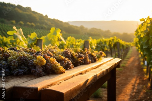 Rustic wooden board with grapes in vineyard sustainable agriculture and winemaking