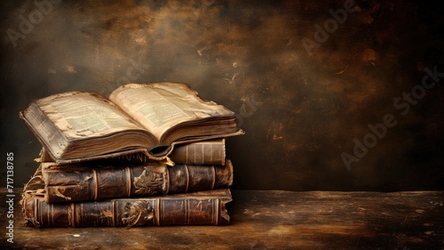 Stack of ancient books with weathered pages on a rustic table photo
