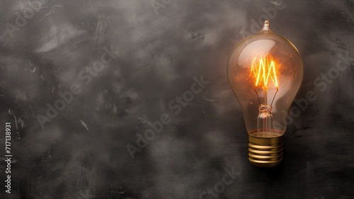 Glowing light bulb with a golden glow on a dark backdrop