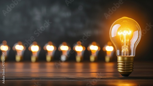 Light bulbs in a row with one illuminated, on a dark backdrop