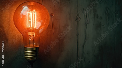 A radiant orange light bulb against a rustic wooden wall with rich textures