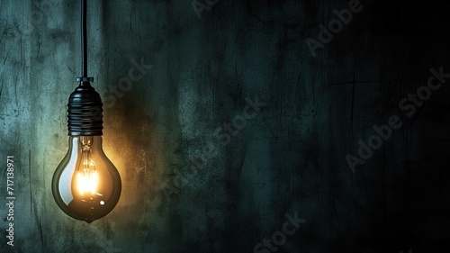 A light bulb hangs against a textured dark blue wall, illuminating the space with a warm glow