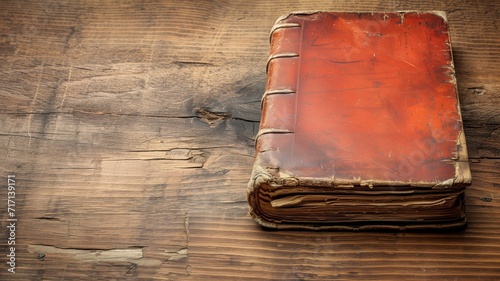 Aged, worn red leather book on rustic wooden table