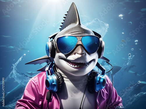 Music DJ shark with sunglasses and headphones listening to songs- Blue ocean background design.
