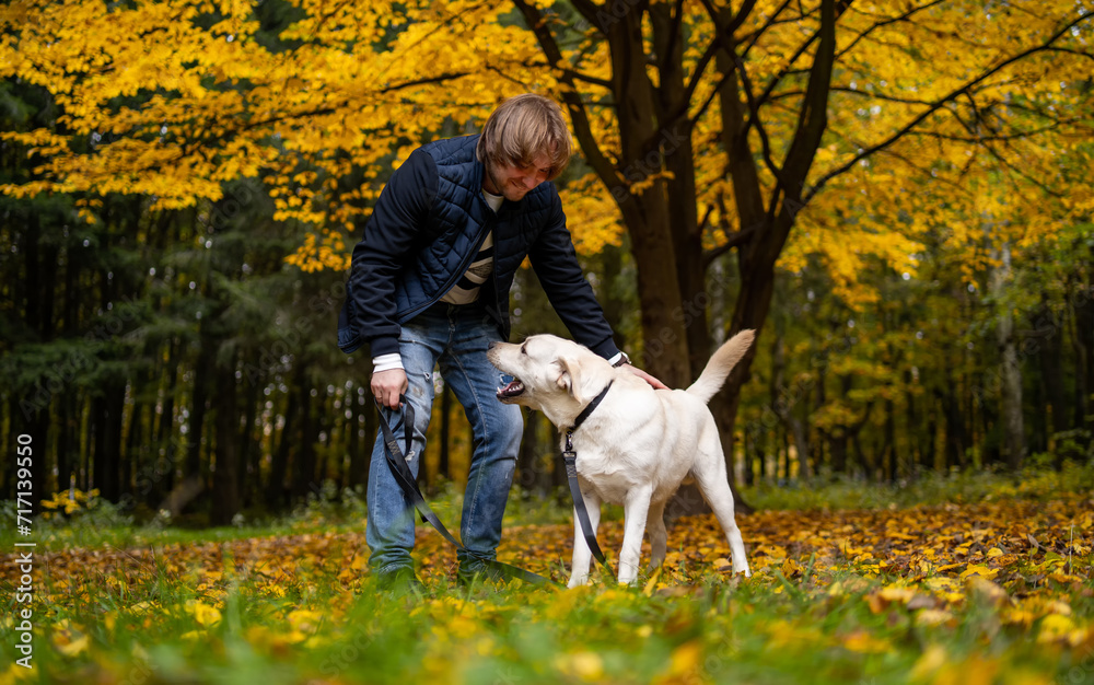 A Man Walking His Dog Through a Park. An image of a man and his dog taking a leisurely walk through a peaceful park.