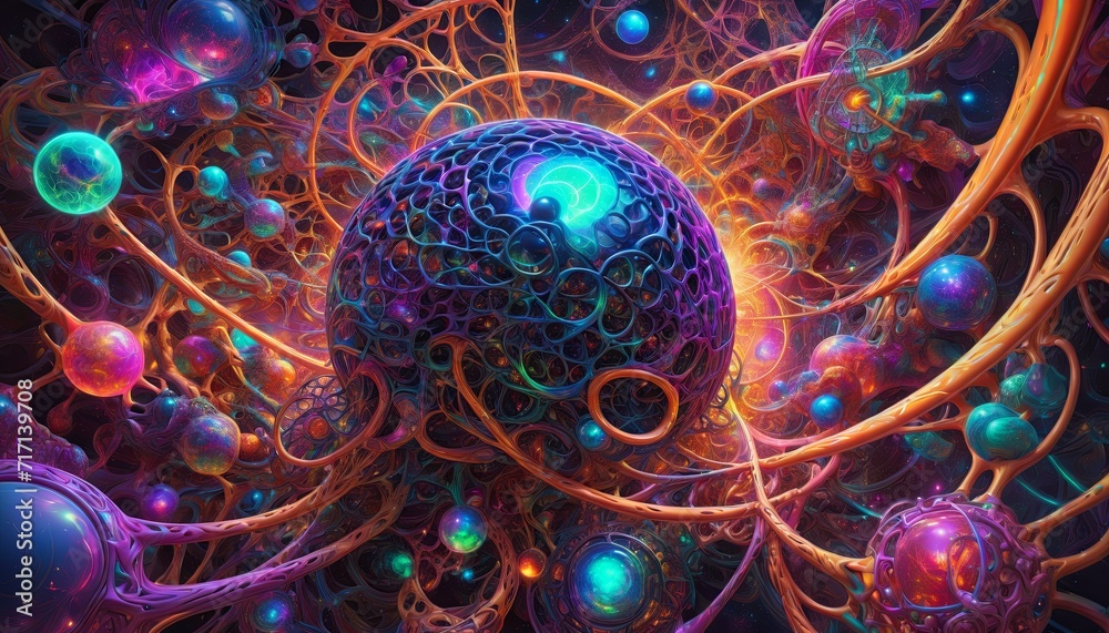 Abstract cosmic network with vibrant orbs and energy patterns against a dark starry background, symbolizing interconnectedness and a mystical universe.
 - obrazy, fototapety, plakaty 