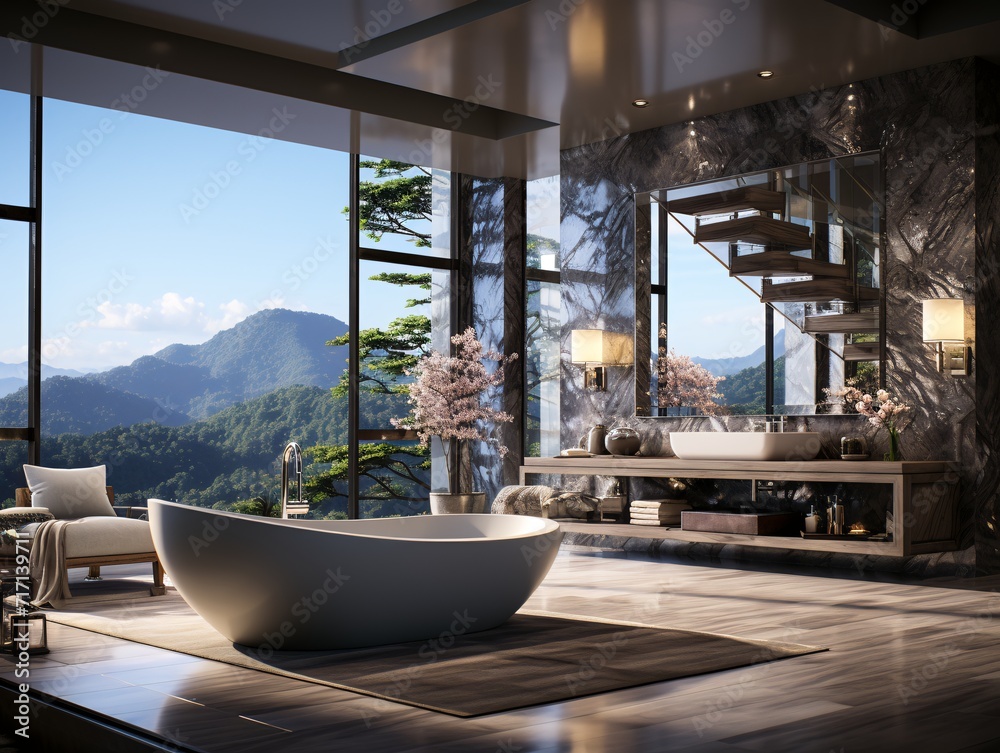 Fototapeta premium Interior of modern bathroom with bathtub and mirror