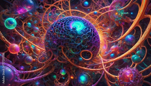 Abstract cosmic network with vibrant orbs and energy patterns against a dark starry background  symbolizing interconnectedness and a mystical universe. 