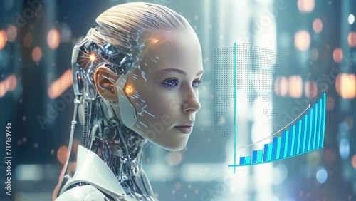 Jóven y bella mujer humanoide, mitad humana, mitad robot observa un gráfico de barras que muestra el crecimiento de la Inteligencia Artificial y la Robótica integrandose con los humanos. photo