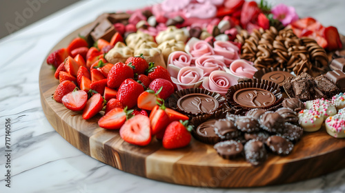 Closeup round board with sweets, strawberries, chocolate, and cookies, a Valentine's Day charcuterie board is assembled to provide a customary and romantic holiday snack. generative AI photo