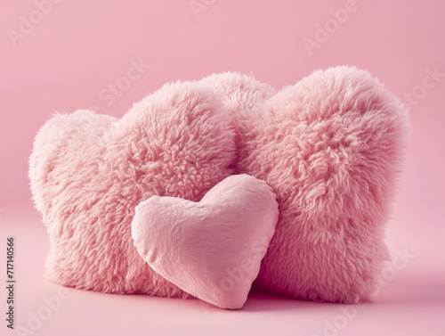 Plush heart-shaped pillows in soft pink  cosy and romantic with pink background.