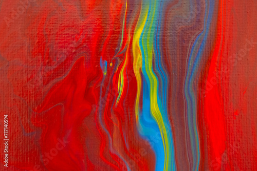 Fluid art painting. Abstract decorative marble texture. Background with liquid acrylic. Mixed paints for poster or wallpaper. Modern art. Psychedelic colors. Blue  golden  red  yellow  orange. 