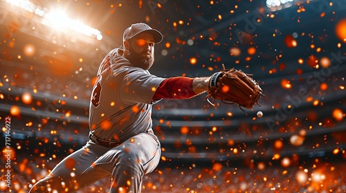 Dynamic action shot of a pitcher throwing a powerful fastball with a blurred background of a cheering crowd. [Pitcher throwing powerful fastball with cheering crowd photo