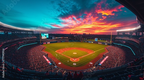 Panoramic view of a baseball stadium at sunset, with players warming up on the field and colorful hues in the sky. [Baseball stadium at sunset with players warming up photo