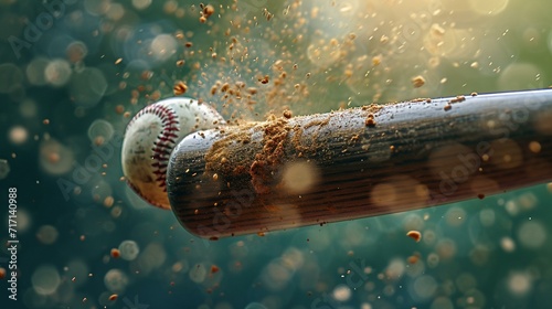 Close-up of a baseball bat making contact with the ball in a powerful swing, capturing the essence of the game. [Baseball bat making contact with ball in powerful swing