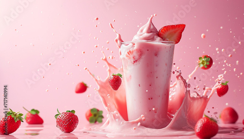 glass of strawberry smoothie or milkshake with splash and falling strawberries photo