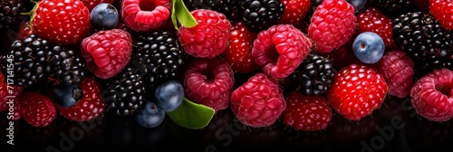 Delicious mixed berry medley background for summer fruit desserts and beverage menu design