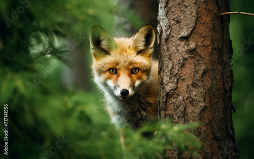 curious fox peeking out from behind a tree, AI Generative.