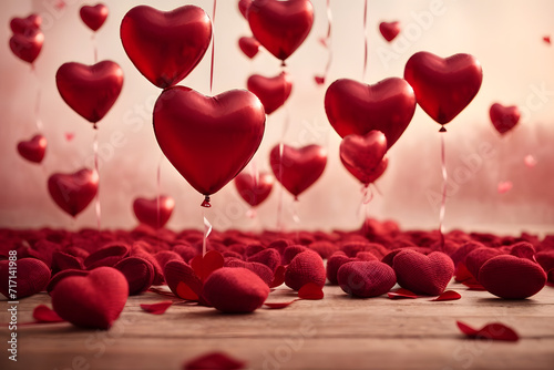 Romantic background with red heart-shaped balloons