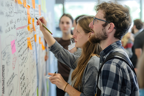 Team members sketching ideas on whiteboards or using digital tools. photo