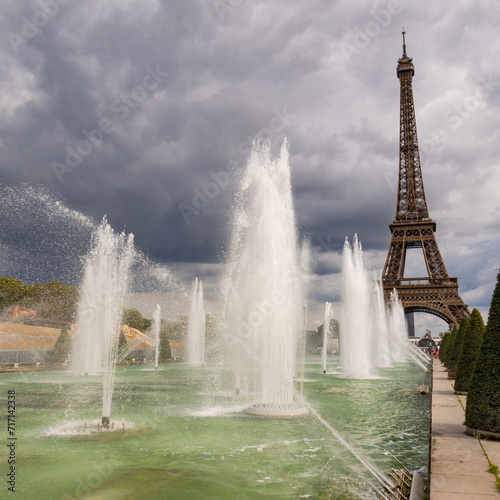 Eiffel Tower viewed through the Trocadero Fountains in Paris, squared format