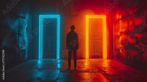 Silhouette of a man standing at a crossroads between two neon-lit doors, one red and one blue