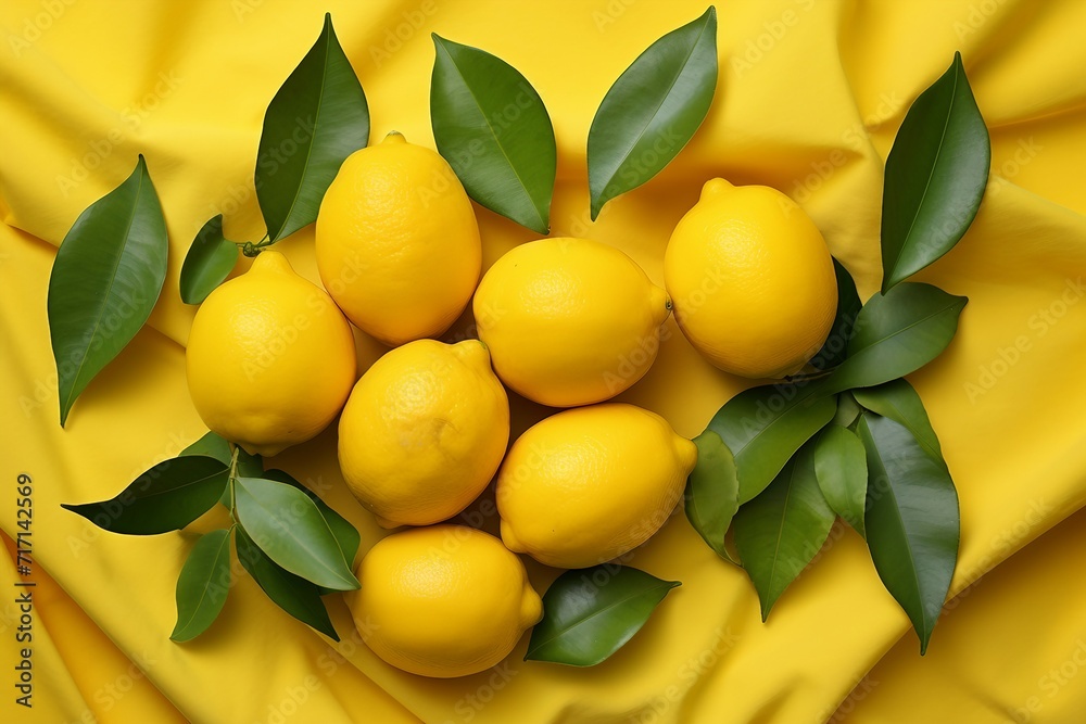 Ripe lemons with green leaves on yellow fabric, top view
