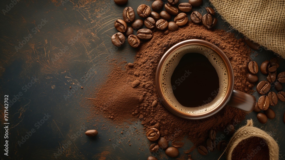 Obraz na płótnie Coffee cup surrounded by ground coffee and beans on a dark surface w salonie