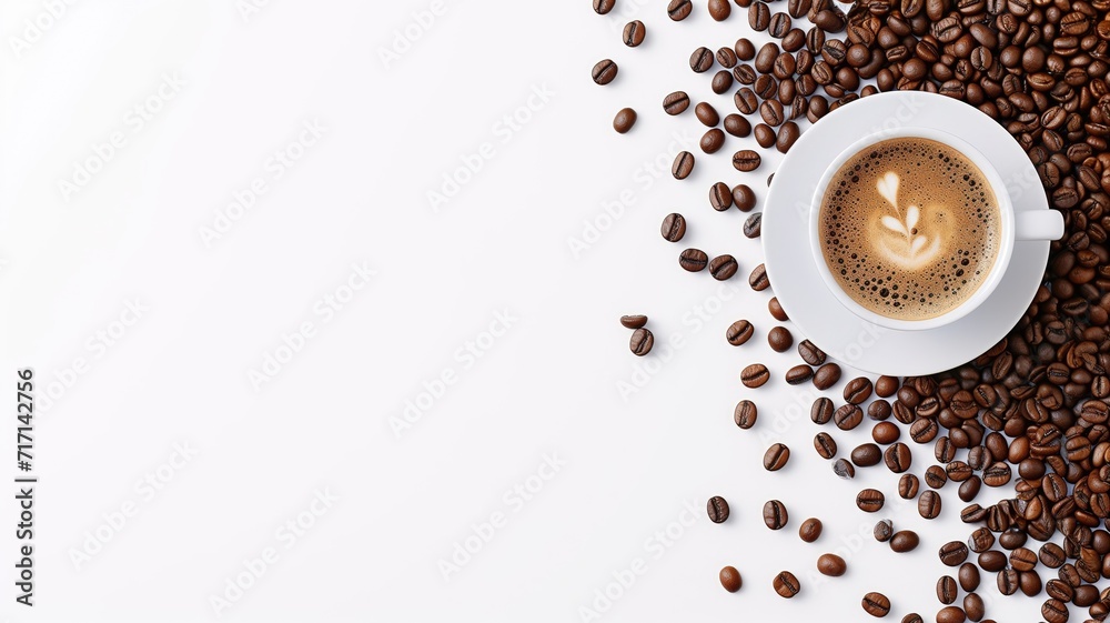 Cup of cappuccino with artful foam beside scattered coffee beans on a white background Cup of cappuccino with artful foam beside scattered coffee beans on a white background