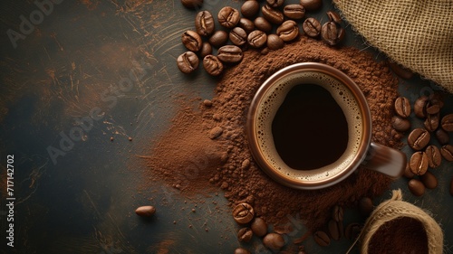 Coffee cup surrounded by ground coffee and beans on a dark surface