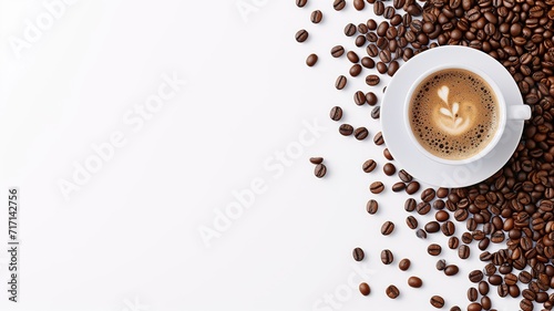 Cup of cappuccino with artful foam beside scattered coffee beans on a white background
