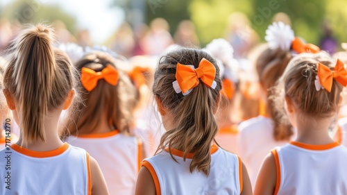 Back view of children with orange bows in their hair at a sports event photo