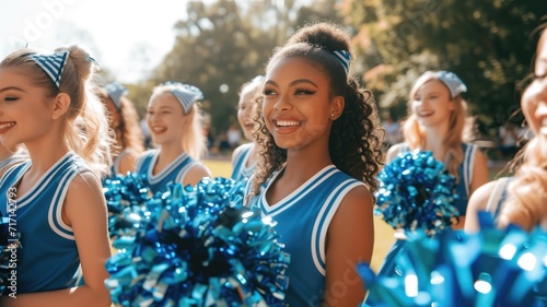Cheerful cheerleading team in blue outfits smiling outdoors photo