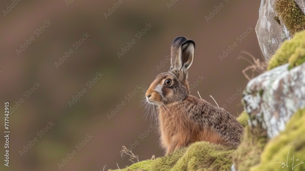 Brown hare perched on mossy terrain against a blurred background Brown hare perched on mossy terrain against a blurred background
