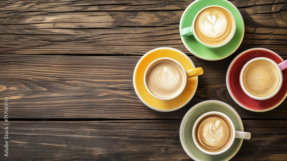 Four colorful cups of latte art on a wooden table