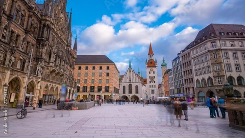Beautiful view of Tourists at the Marienplatz street in Munich view in front of Town Hall. The Marienplatz is central square in the city centre of Munich, Germany. Hyperlapse footage. Marienplatz. photo