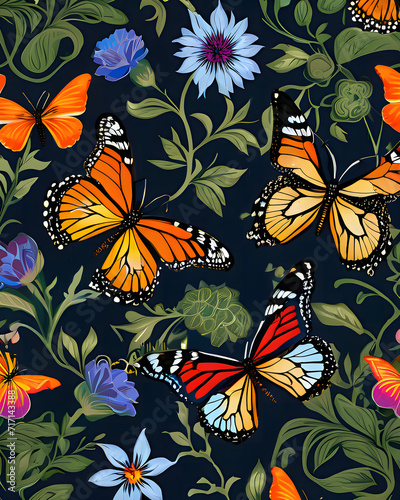 Flower  Plant And Butterfly Pattern
