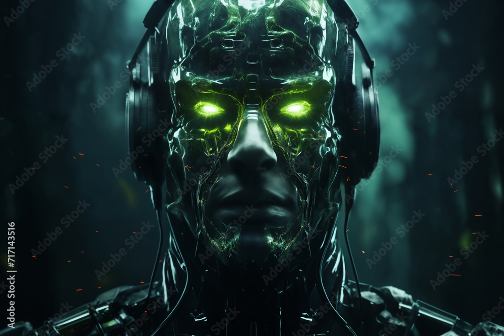 portrait of a male soldier in a military uniform and a glass helmet, against a forest background at night, green color, science fiction concept and cyber art portrait of a male soldier in a military uniform and a glass helmet, against a forest background at night, green color, science fiction concept and cyber art