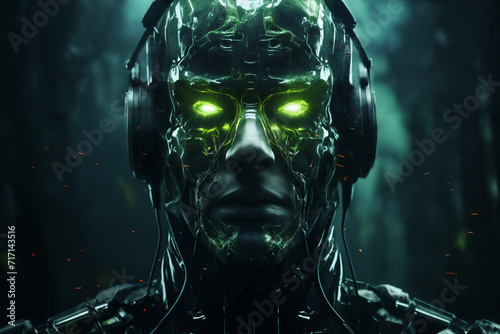 portrait of a male soldier in a military uniform and a glass helmet  against a forest background at night  green color  science fiction concept and cyber art