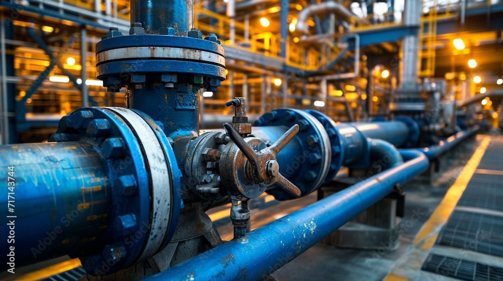 Large pipes and valves at an oil processing facility, showcasing the intricate infrastructure. [Pipes and valves at oil processing facility Large pipes and valves at an oil processing facility, showcasing the intricate infrastructure. [Pipes and valves at oil processing facility