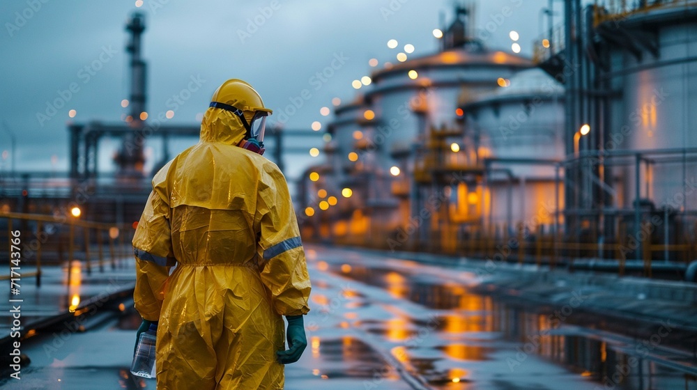 Worker in a hazmat suit overseeing the cleaning and maintenance of an oil storage tank. [Worker in hazmat suit cleaning oil storage tank
