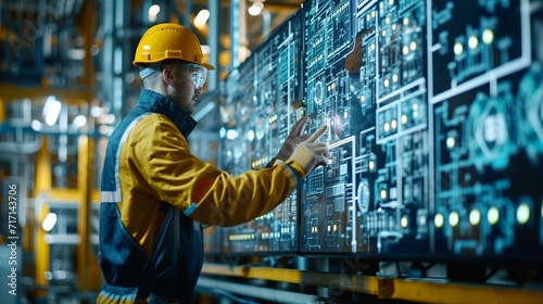 Oil worker using advanced technology to monitor and control production processes. [Oil worker using technology to monitor production
