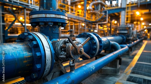 Large pipes and valves at an oil processing facility, showcasing the intricate infrastructure. [Pipes and valves at oil processing facility photo