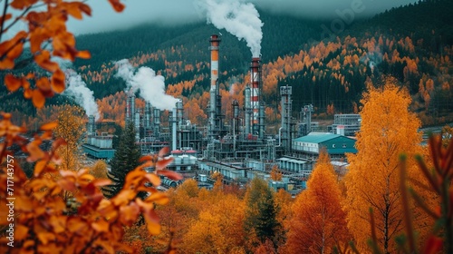 Oil extraction site in the midst of autumn, with colorful foliage contrasting the industrial setting. [Oil extraction site in autumn setting